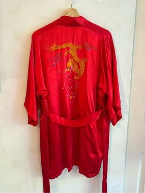 Vintage | Golden Bee | Red Dragon | Embroidered Silk-Style | Kimono Robe | Small